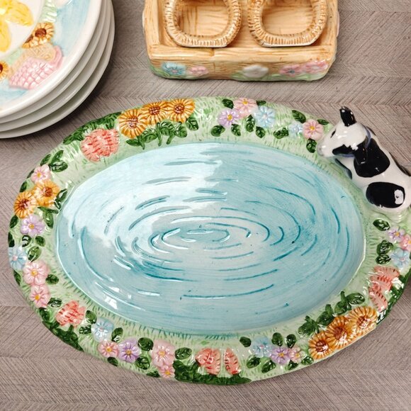 Vintage Mercuries Harvest Tea Set Teapot Cups Plates Farmhouse Cow Sheep Sun - Picture 6 of 16